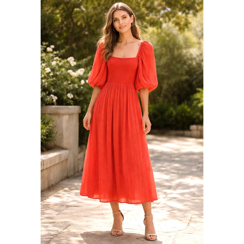 Seema Kahai‎ Dress XL Cotton Muslin Coral Smocked Midi Puff Sleeve Boho Romantic